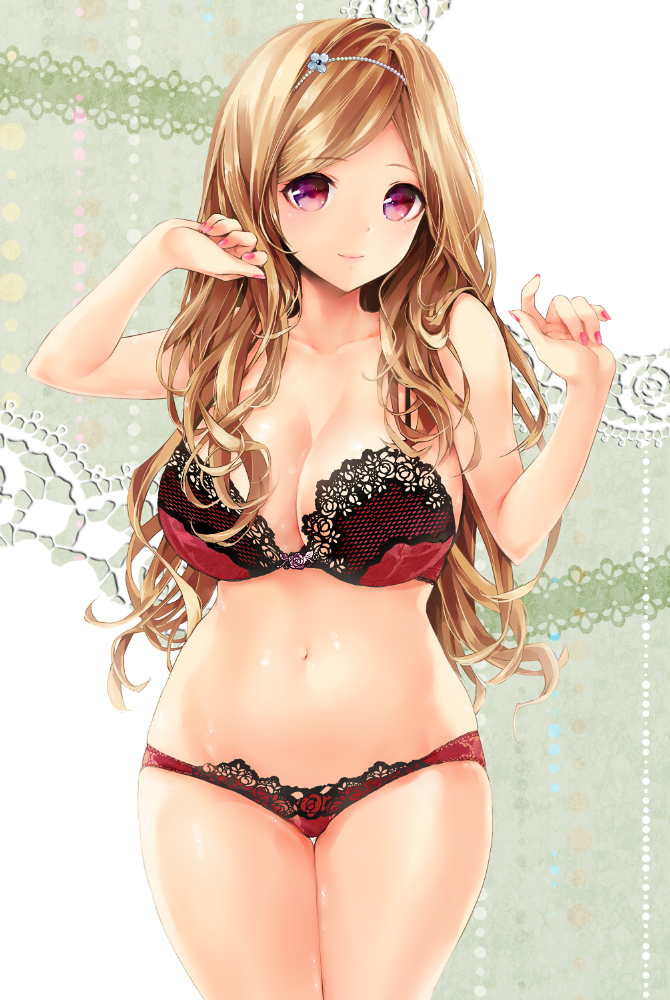 bra breasts brown_hair cleavage curvy female hair_ornament hands_up koshika_rina lace_bra lace_panties large_breasts lingerie long_hair multicolored_eyes nail_polish orange_eyes original panties purple_eyes red_bra red_eyes red_panties revision smile solo thigh_gap underwear underwear_only