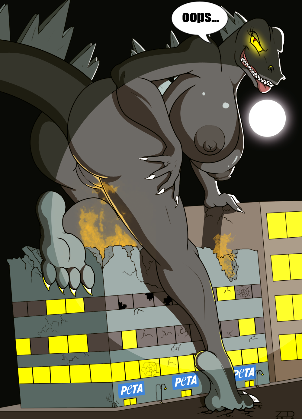 anthro big_breasts breasts building city destruction eyes female fire fuck_peta giantess godzilla godzilla_(series) grin huge_breasts macro moon night peta rule_63 sharp_teeth spotlight teeth yellow zp92