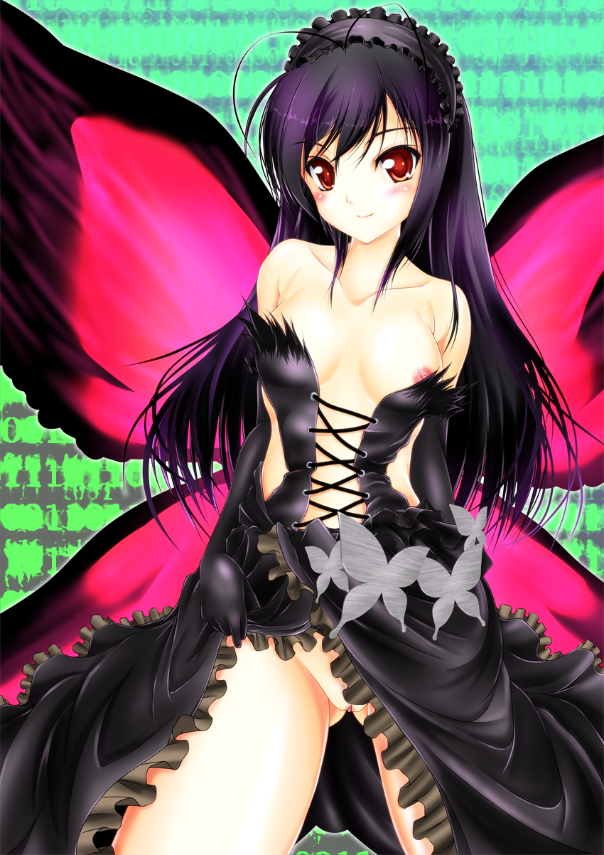 antenna_hair bare_shoulders blush butterfly butterfly_wings dress dress_lift elbow_gloves gloves hairband highres kuroyukihime long_hair nipple_slip nipples pointy_chin pussy sakurajousui_neko wings