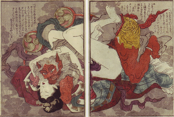 1boy demon fine_art god human interspecies japanese_mythology kami loincloth male mythology oni raijin red_oni red_skin sex shunga straight straight_hair traditional_art utagawa_kunimaro