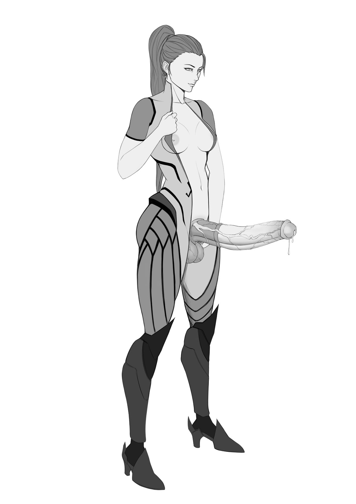 1futa, 624 (artist), animal genitalia, areolae, breasts, dickgirl, erection, futa only, futanari, horsecock, horsecock futa, huge cock, huge penis, human with animal genitalia, human with horsecock, hyper penis, intersex, monochrome, nipples, overwatch, penis, solo, veiny penis, widowmaker
