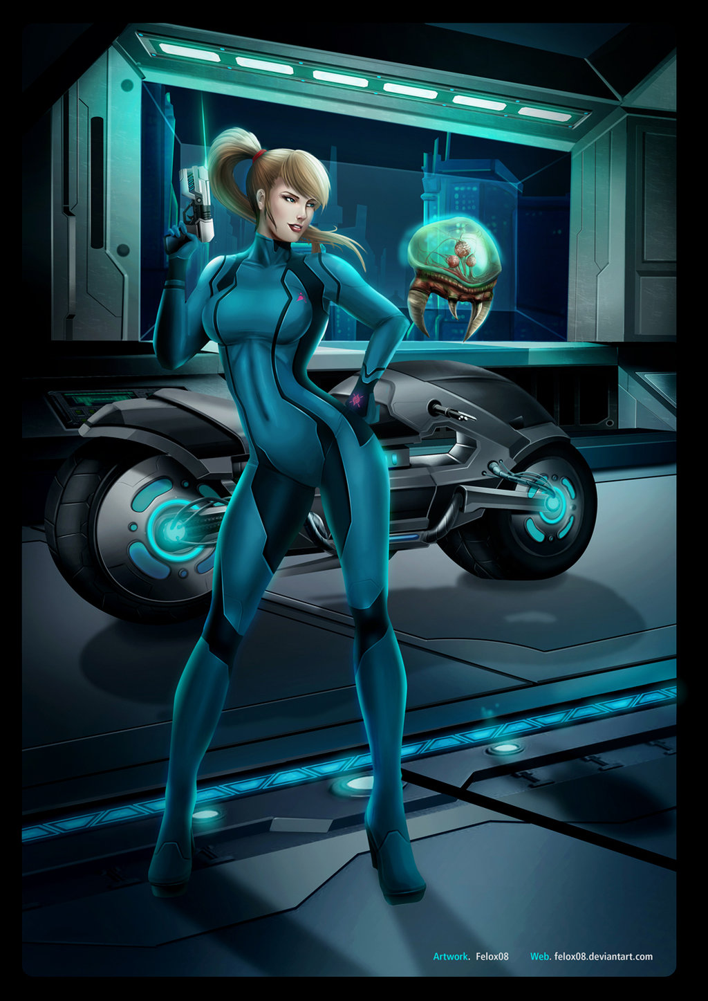 blonde hair, blue eyes, bodysuit, clothing, felox08, female, firearm, fully clothed, gun, handgun, human, metroid, metroid (creature), monster, motorcycle, navel, nintendo, pale skin, ponytail, samus aran, standing, tied hair, tight clothing, vehicle, weapon, zero suit, zero suit samus