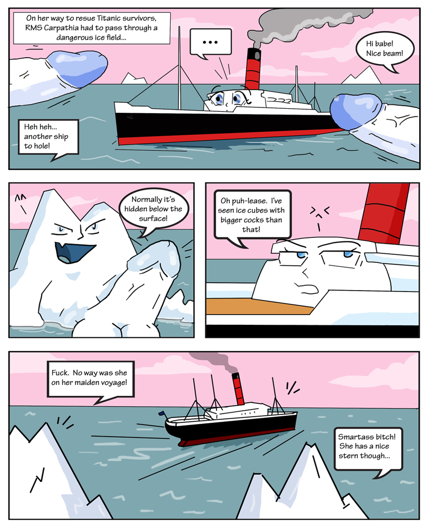 1girls 2boys carpathia comic english english_text funny hikozarulove huge_cock humor iceberg inanimate penis request rms_carpathia ship speech_bubble titanic what