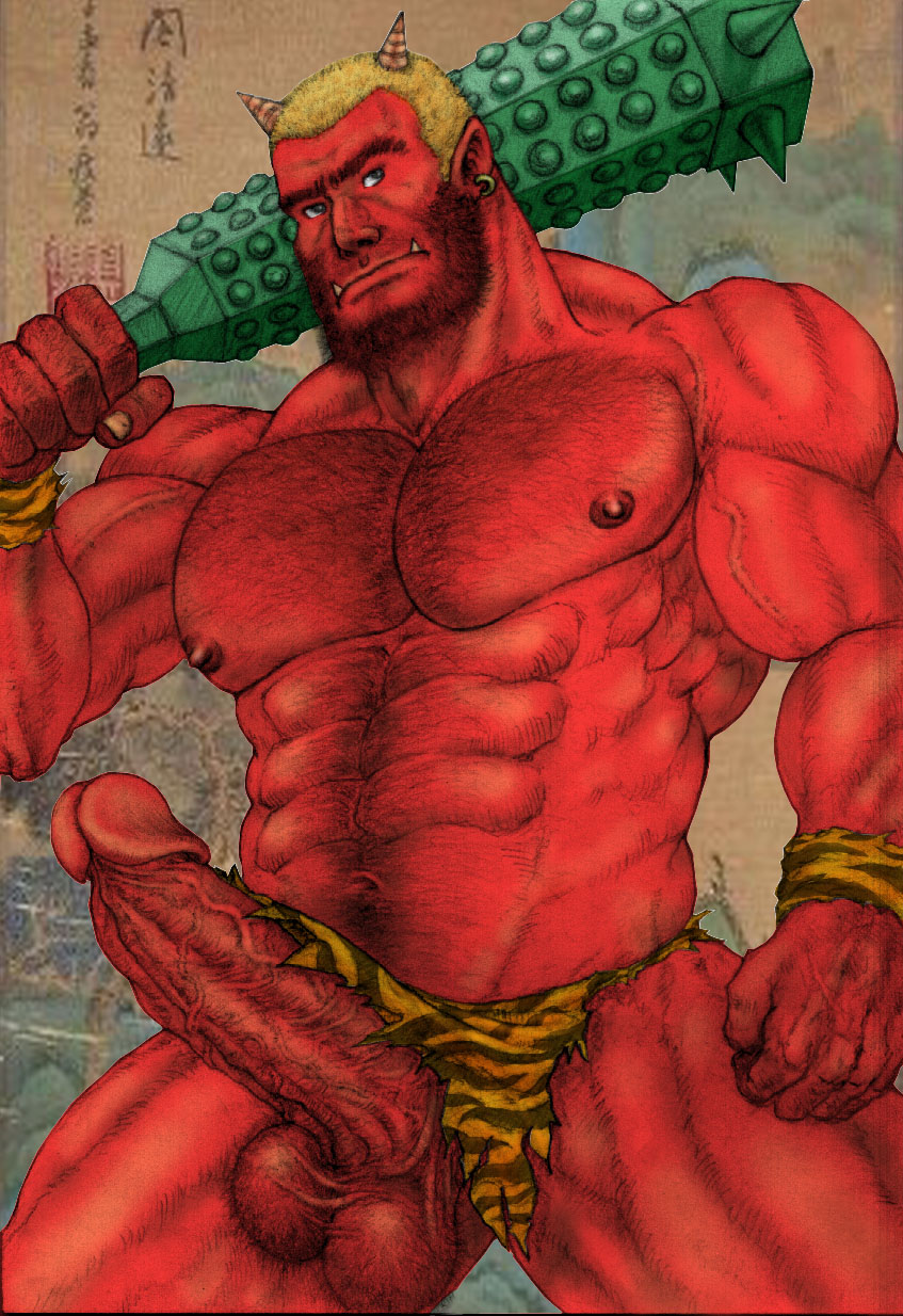 bara big_penis buff color erect erection fangs horns huge_cock japanese_mythology kamui_jack loincloth male male_only muscles mythology oni penis red_oni red_skin solo uncensored yaoi