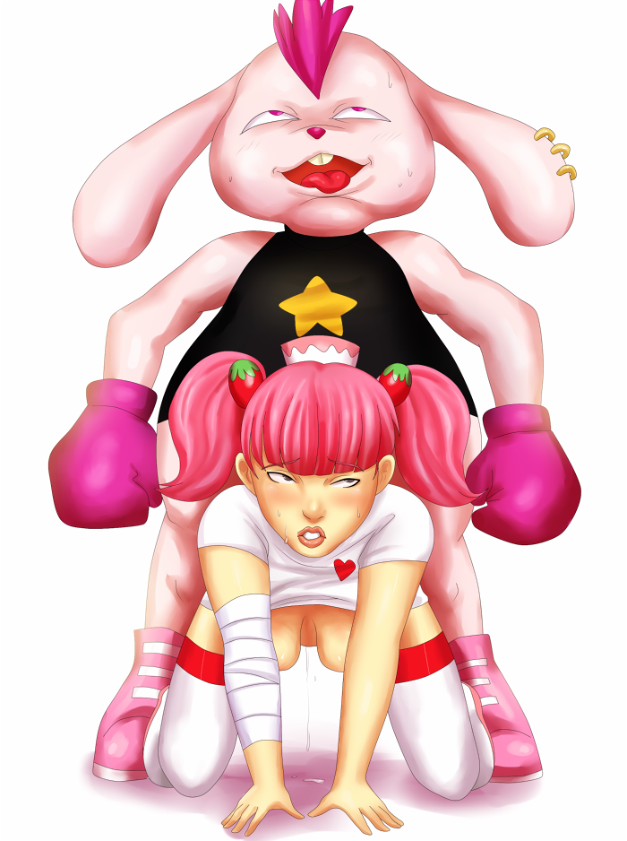 ahe_gao all_fours blush bunny chocky_(pop'n_music) deareditor doggy_style from_behind fucked_silly milk milk_(pop'n_music) nurse pink_hair pop'n_music rabbit sex