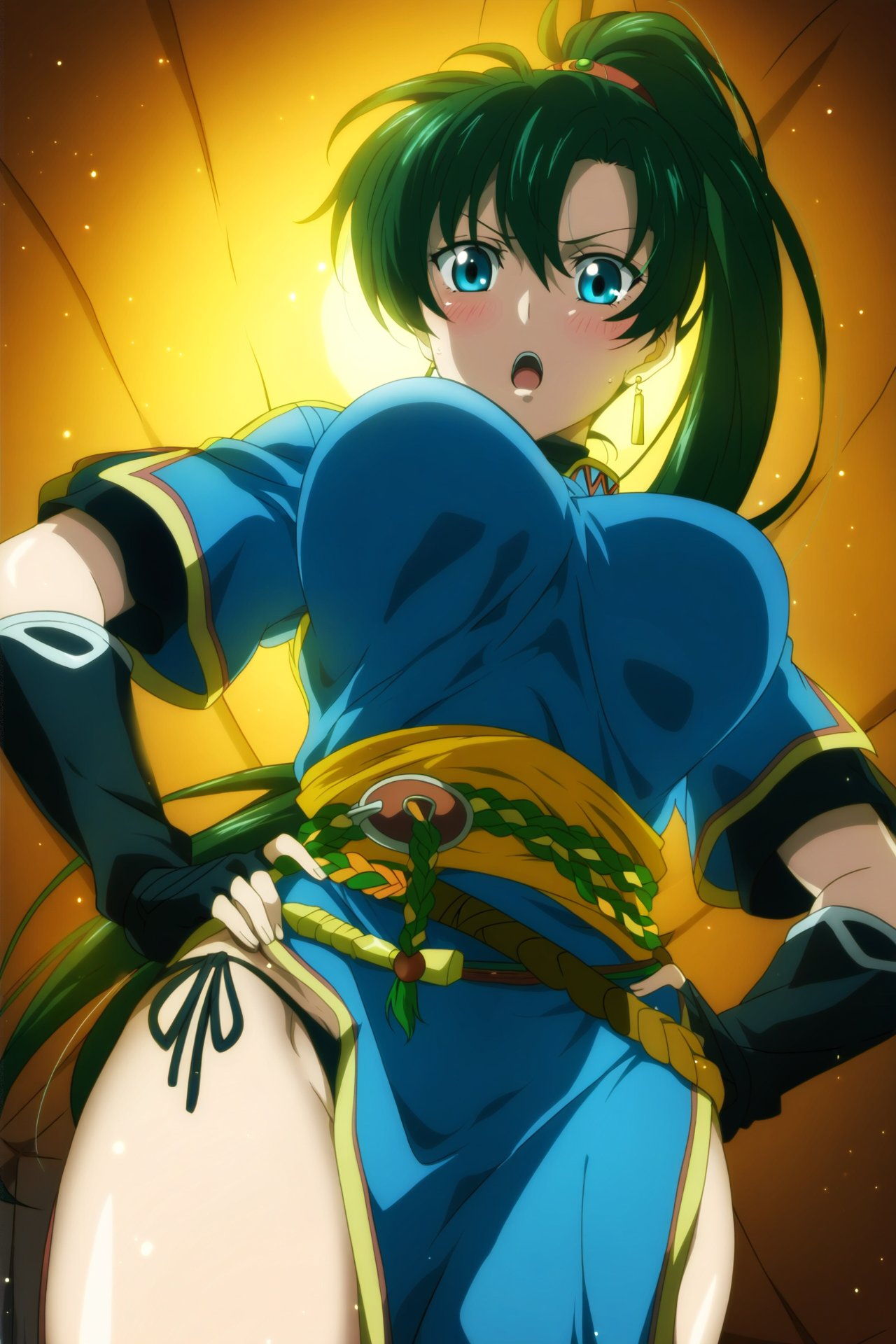 1girls ai_generated blue_eyes fire_emblem fire_emblem:_the_blazing_blade green_hair hands_on_hips kazenbow large_breasts looking_at_viewer looking_down lyn_(fire_emblem) nintendo panties pelvic_curtain thick_thighs thighs