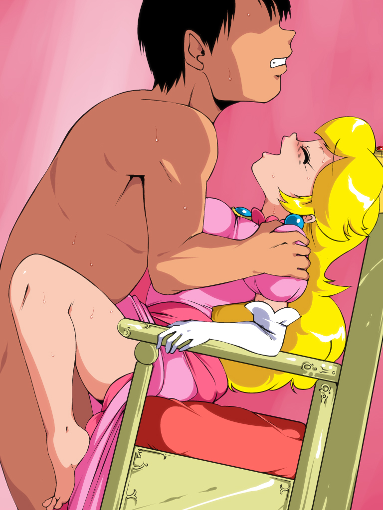 blonde hair, bottomless, chair, closed eyes, clothed female nude male, clothes, elbow gloves, female, happy sex, male, mario (series), nintendo, nude, old school academy, princess peach, sex, straight, sweat