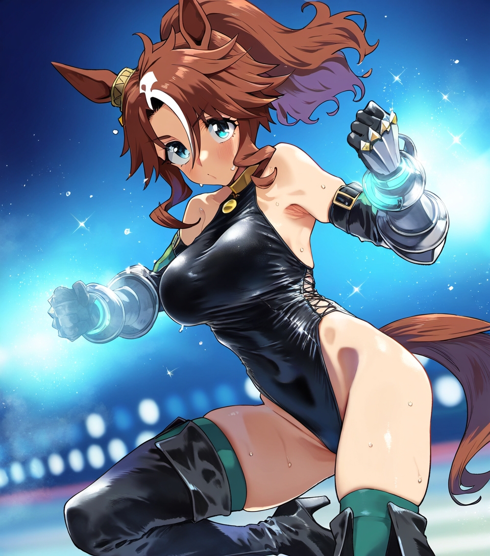 ai_generated animal_ears blue_eyes brown_hair cosplay female gyaru horse_girl leotard long_hair mejiro_palmer_(umamusume) ponytail two_tone_hair umamusume