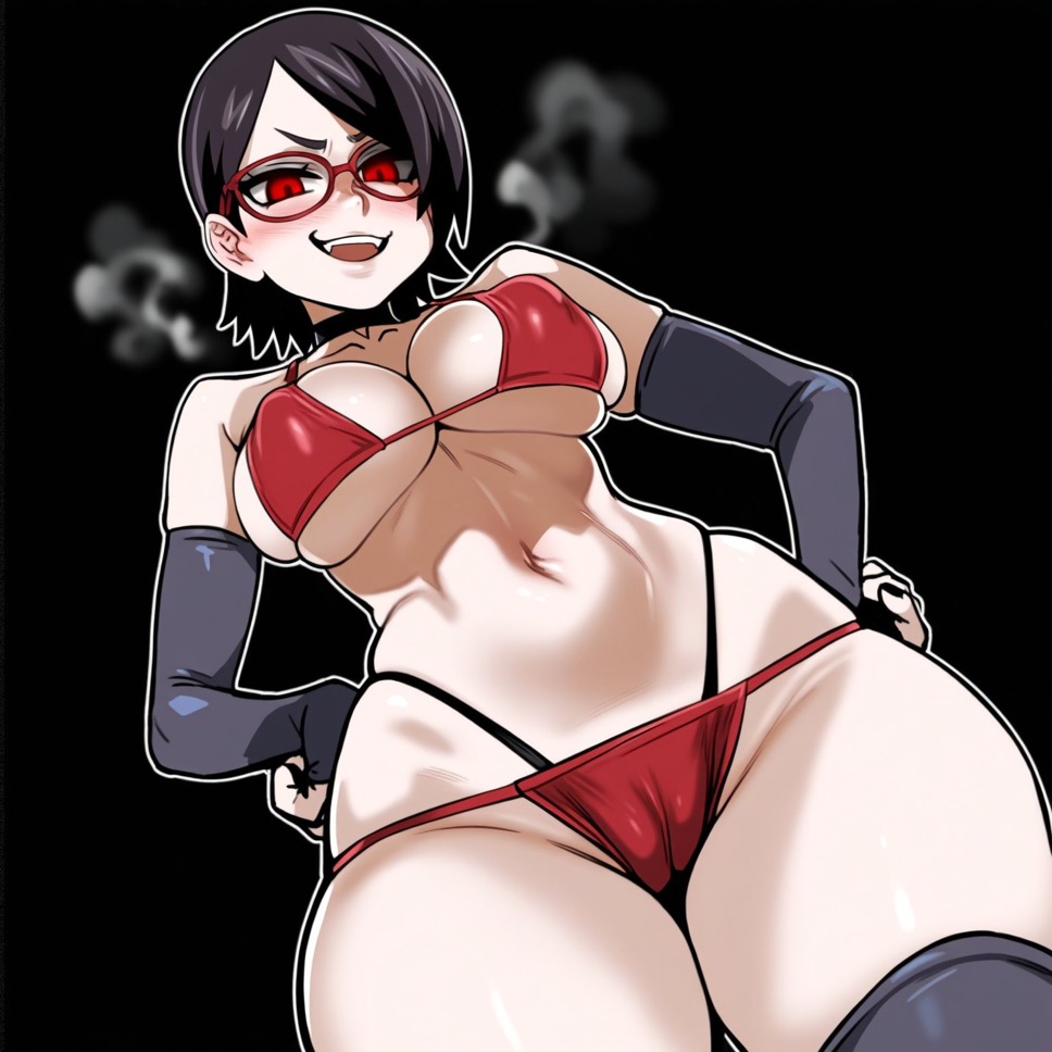 ai_generated arm_sleeves big_breasts black_hair glasses looking_down_at_viewer osyasenpai red_bikini red_eyes sarada_uchiha short_hair smug_smile