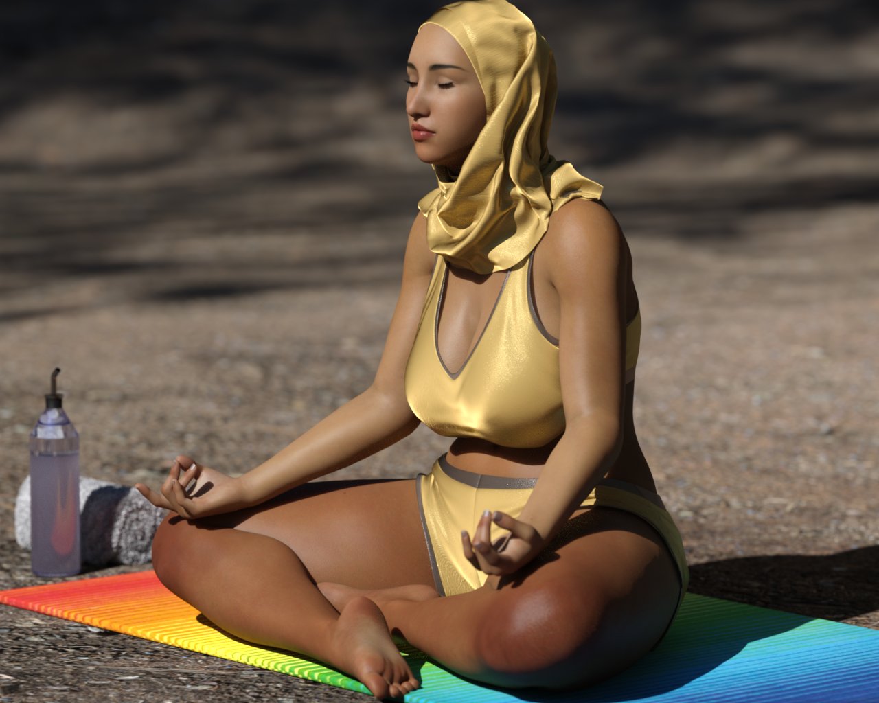 crossed_legs hijab large_breasts meditating meditation nassima_(taboomania) taboomania tagme tan-skinned_female tan_skin thick_thighs