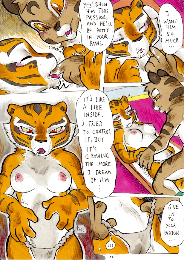 anthro better_late_than_never breasts close-up comic daigaijin english_text feline female foreplay fur furry heart kung_fu_panda licking lying master_tigress mei_ling nipples oral_fingering orange_eyes page_42 pillow pussy_juice red_eyes saliva stripes tiger tongue yuri