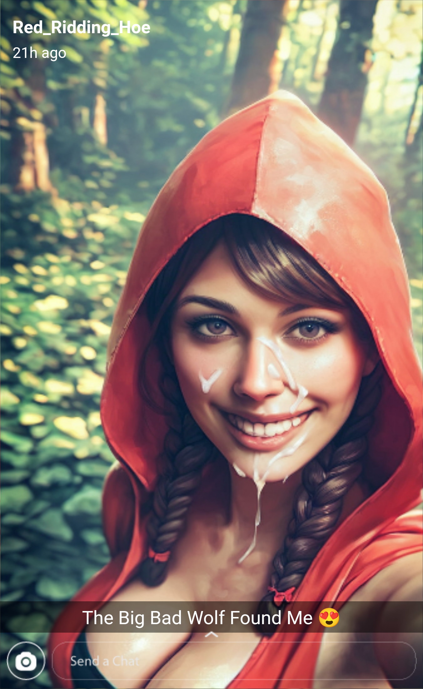 1girls, ai generated, caption, covered in cum, cum, cum on face, darkimperium, facial, female, female only, forest, little red riding hood, little red riding hood (copyright), selfie, smile, snapchat, solo, solo female, tagme
