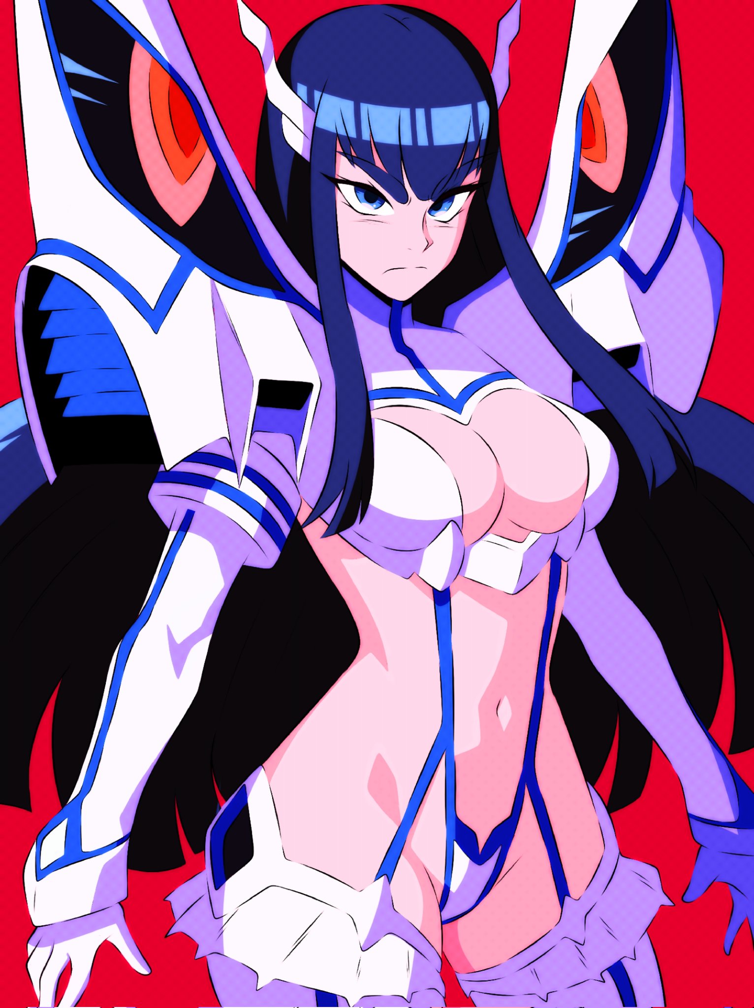 1girls, b1iz4rd, big breasts, black hair, blue eyes, breasts, eyebrows, female, female focus, huge breasts, junketsu, kill la kill, kiryuuin satsuki, large breasts, long hair, sole female, solo, thick thighs, thighs, wide hips