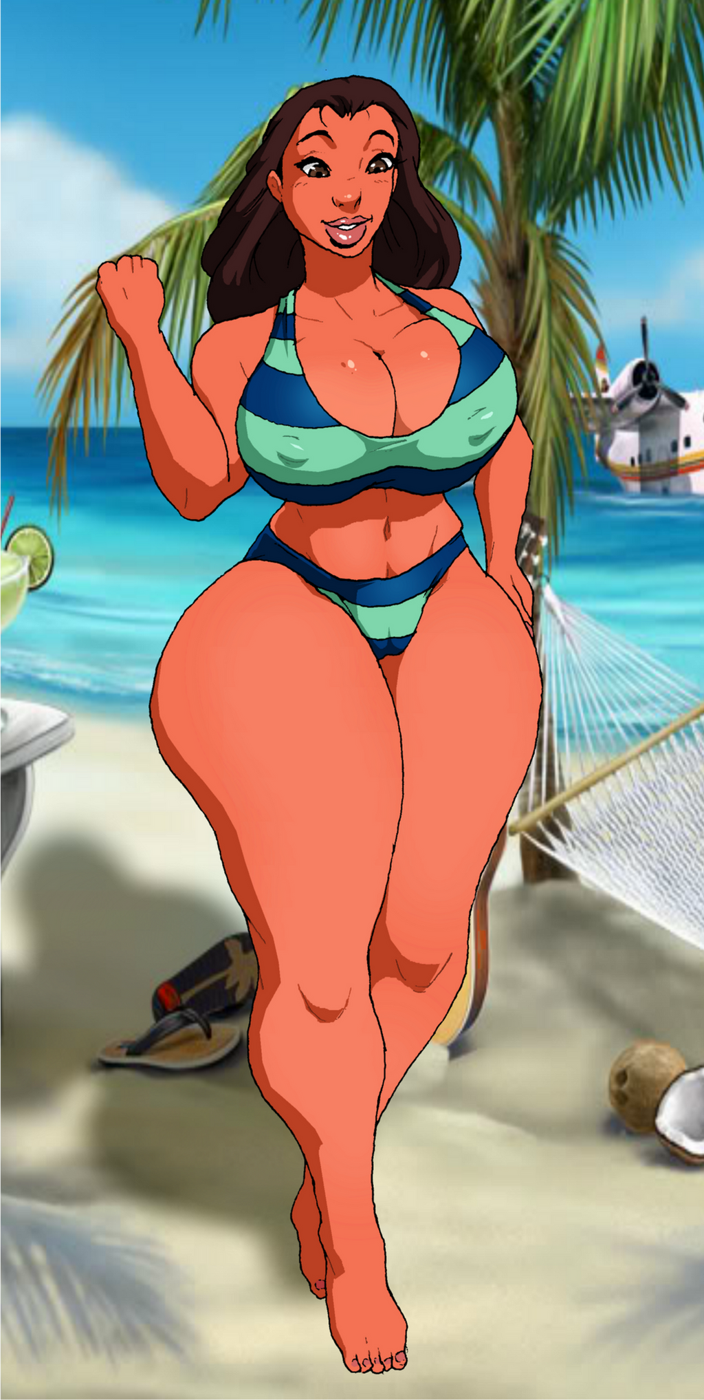 1girls 5ifty beach big_ass big_breasts big_butt bikini bikini_bottom bikini_top camel_toe cameltoe dark-skinned_female disney erect_nipples erect_nipples_under_clothes female hawaiian jay-marvel lilo_and_stitch nani_pelekai nipple_bulge nipples nipples_visible_through_clothing old_art striped_bikini striped_clothing stripes thick thick_ass thick_legs thick_thighs thighs two-piece_swimsuit