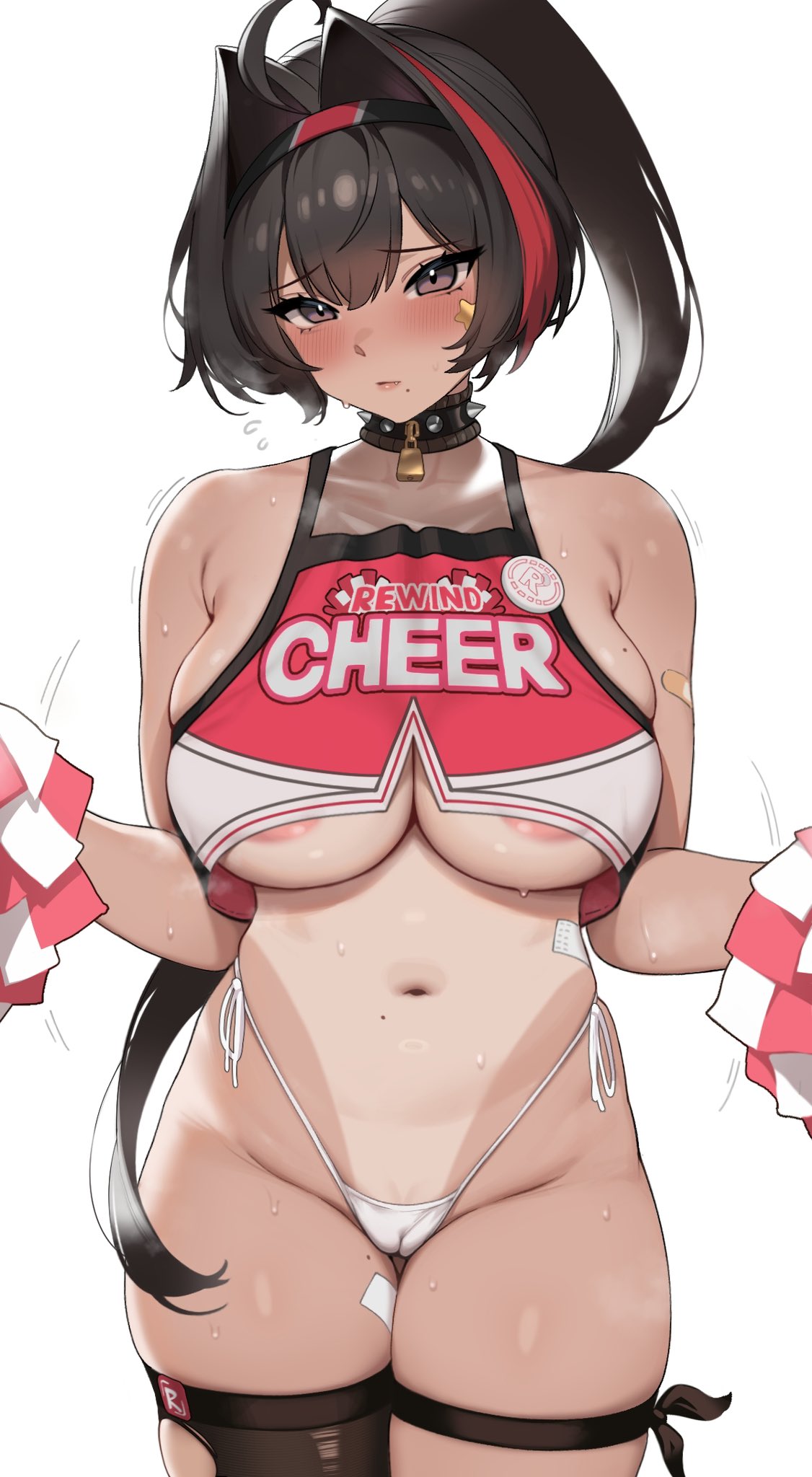 areola_slip bay_(nikke) black_hair blush breasts cameltoe cheerleader dark-skinned_female dark_skin female goddess_of_victory:_nikke hair_intakes highres houkago_shounen large_breasts long_hair mole mole_under_mouth multicolored_hair navel panties pointy_chin ponytail red_hair solo steaming_body streaked_hair underboob underwear white_panties