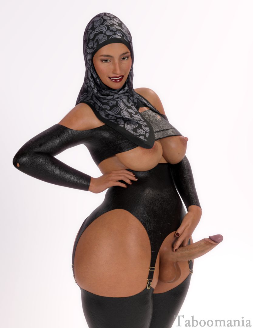 3d big_breasts breasts_out cock_out dickgirl erection futa_only futanari hadiya hijab hung_futanari leather_clothing muslim_female taboomania tagme tan-skinned_futanari tan_skin