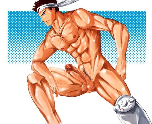 abs bara brown_hair capcom cum cyberbots erection jin_saotome male male_only muscle muscles penis solo