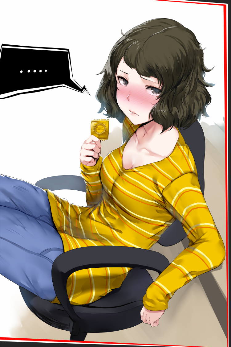 ... 10s 1girls blush breasts brown_eyes brown_hair chair cleavage collarbone condom condom_wrapper embarrassed female hews hews_hack looking_at_viewer medium_breasts messy_hair persona persona_5 sadayo_kawakami short_hair sitting solo textless_version