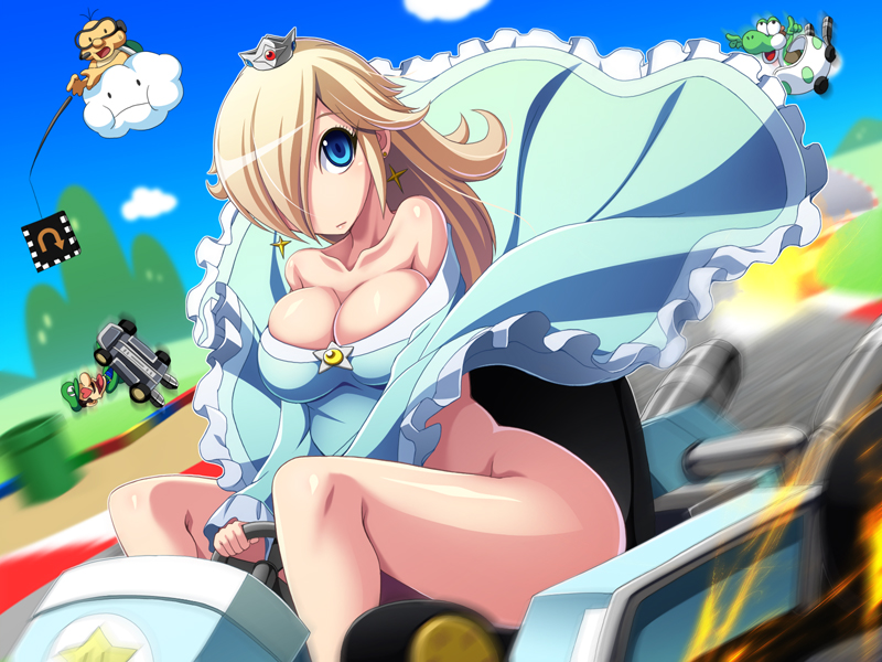 1girls 2boys ass big_ass big_breasts big_butt blonde_hair blue_eyes bottomless breasts car cleavage clothing crown dress dress_lift exposed_ass exposed_breasts female hair_over_one_eye hat human humor implied_bottomless implied_nopan kanisaka lakitu large_breasts legs long_hair luigi mario_(series) mario_kart motor_vehicle nintendo no_bra no_bra_under_clothes no_nose no_panties oblivious pale_skin princess_rosalina racing thighs vehicle wardrobe_malfunction warp_pipe wind wind_lift yoshi