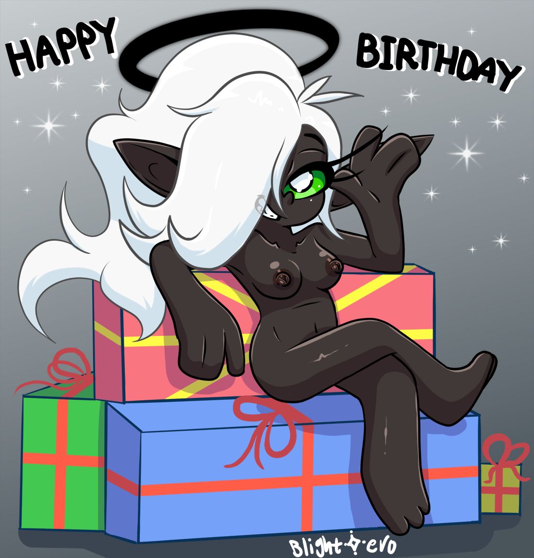 1girls birthday birthday_gift black_halo blightstar dark_skin english_text feet female female_only gift_art gift_box green_sclera hair_over_one_eye halo legs_crossed long_eyelashes long_hair looking_at_viewer medium_breasts naked nipples nude_female oc original original_character pointy_ears ponytail presents sitting_on_box smile waving_at_viewer white_hair white_pupils