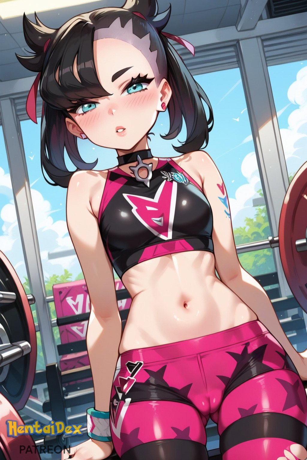 ai_generated asymmetrical_bangs bangs bare_shoulders black_choker black_hair blush breasts cameltoe choker crop_top day earrings female gym hair_ribbon hentaidex hentaidexfuta jewelry looking_at_viewer marnie_(pokemon) midriff navel parted_lips pokemon pokemon_ss red_ribbon ribbon small_breasts solo sports sports_bra sportswear stomach torn_clothes torn_legwear twintails