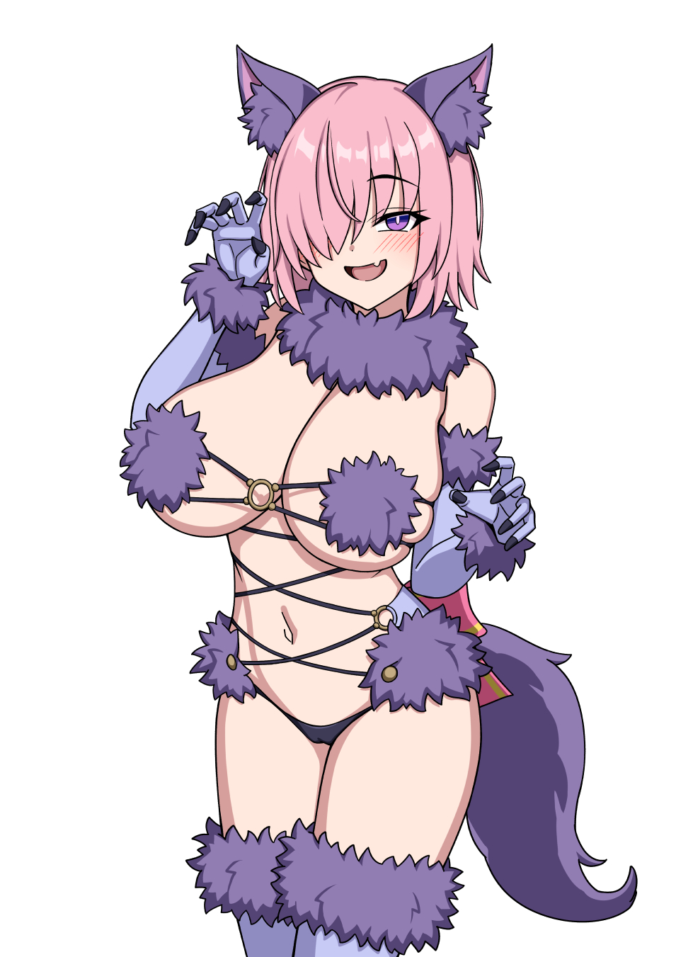 blush breasts cleavage cosplay dangerous_beast fate/grand_order fate_(series) large_breasts looking_at_viewer mash_kyrielight midriff muta_poo pink_hair purple_eyes short_hair smile