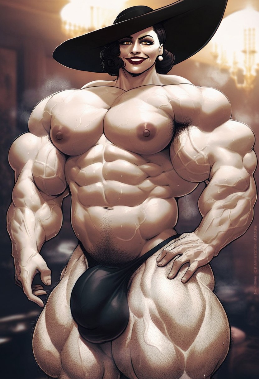 abs ai_generated alcina_dimitrescu ambush_(trap) armpit_hair bulge chest_hair extreme_muscles genderswap_(ftm) hairy_armpits hairy_arms hairy_chest hyper_muscles male male_only muscular muscular_male resident_evil resident_evil_8:_village rule_63 sewoh solo