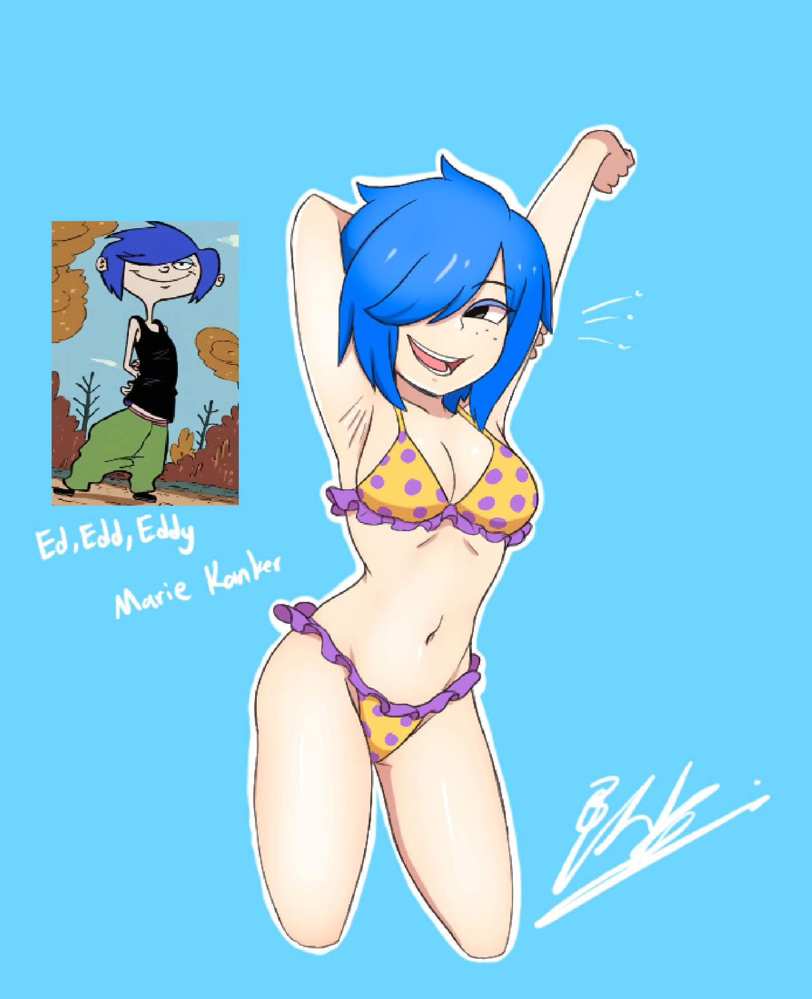 1girls, armpits, arms up, bikini, blue background, blue eyelashes, blue hair, blue-haired female, ed edd n eddy, female, hair over one eye, hourglass figure, ivancyxic, marie kanker, navel, polka dot, polka dot bikini, polka dot panties, simple background, thick thighs, thighs