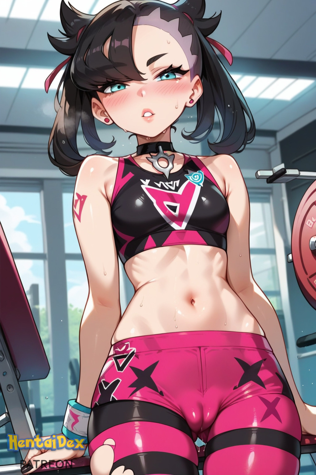 ai_generated asymmetrical_bangs bangs bare_shoulders black_choker black_hair blush breasts cameltoe choker crop_top day earrings female gym hair_ribbon hentaidex hentaidexfuta jewelry looking_at_viewer marnie_(pokemon) midriff navel parted_lips pokemon pokemon_ss red_ribbon ribbon small_breasts solo sports sports_bra sportswear stomach sweat torn_clothes torn_legwear twintails