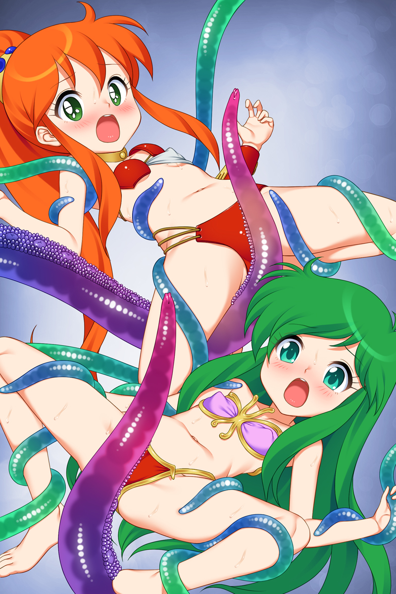 2girls armor arms_up ayanokouji_rem barefoot bikini bikini_armor blush breasts caron_(rall) commission commissioner_upload crossover dream_hunter_rem feet fugetsu_taku green_eyes green_hair grinding highres legs long_hair multiple_girls navel open_mouth orange_hair pink_bikini ponytail rape red_bikini restrained sf_choujigen_densetsu_rall skeb_commission small_breasts spread_legs stomach swimsuit tentacle thighs toes translucent