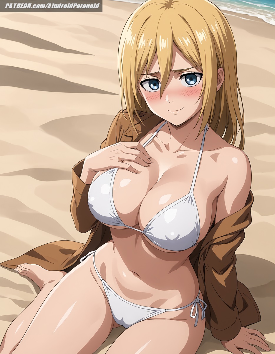 ai generated, aindroidparanoid, attack on titan, beach, big breasts, bikini, blonde hair, blue eyes, blush, breasts, busty, cameltoe, christa lenz, cleavage, covered nipples, cute, female, female only, historia reiss, huge breasts, jacket, large breasts, narrow waist, nipple bulge, nipples, outdoors, pussy, sand, shingeki no kyojin, short hair, sitting, smile, stable diffusion, straight hair, swimsuit, tight clothing