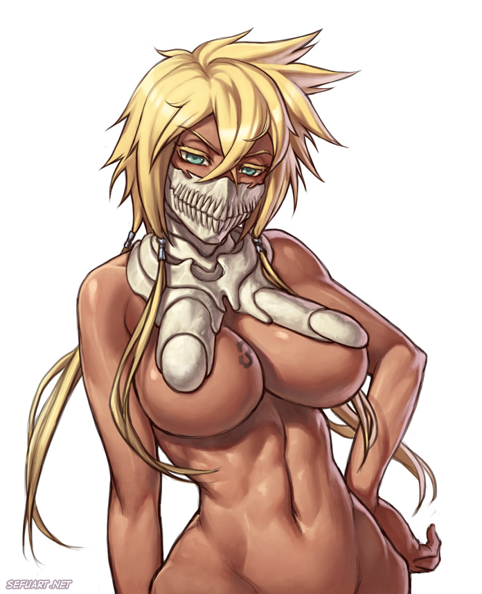 1girls, abs, arrancar, big breasts, bleach, blonde hair, blue eyes, breasts, dark skin, dark-skinned female, espada, female, female only, hand on hip, hips, large breasts, long hair, looking at viewer, mask, mound of venus, muscles, navel, nude, out-of-frame censoring, pose, sefuart, solo, tattoo, tia harribel, toned