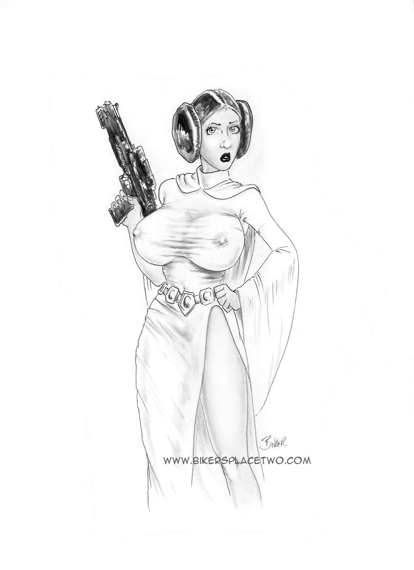 bikerbloke blaster breasts dress female large_breasts nipple_bulge princess_leia_organa star_wars weapon