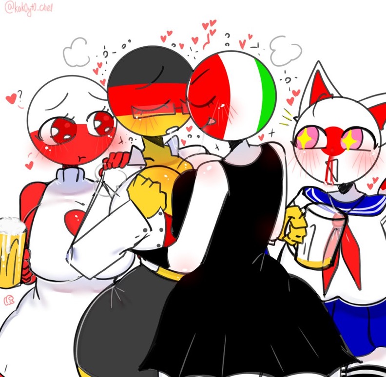 4girls among_us among_us_reference beer_mug countryhumans countryhumans_girl drunk germany_(countryhumans) imminent_kiss italy_(countryhumans) japan_(countryhumans) kak0yt0_chel nosebleed poland_(countryhumans) pressing_breasts_together saliva_trail star_eyes tagme