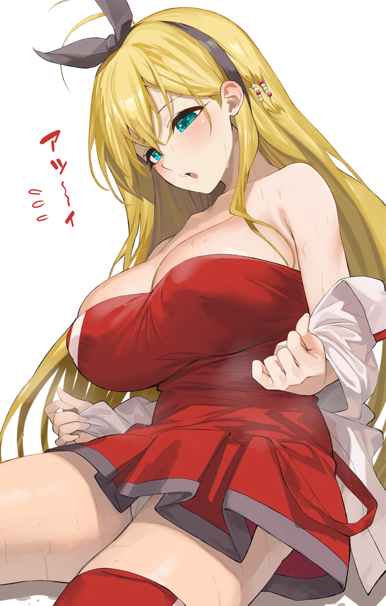 :o aqua_eyes bare_shoulders black_hairband blonde_hair blush breasts cleavage commentary dress female hair_ornament hairband highres large_breasts long_hair long_sleeves off_shoulder open_mouth red_dress red_thighhighs shirt simple_background solo strapless strapless_dress thighhighs thighs translated tsurumaki_maki voiceroid white_background white_shirt yappen