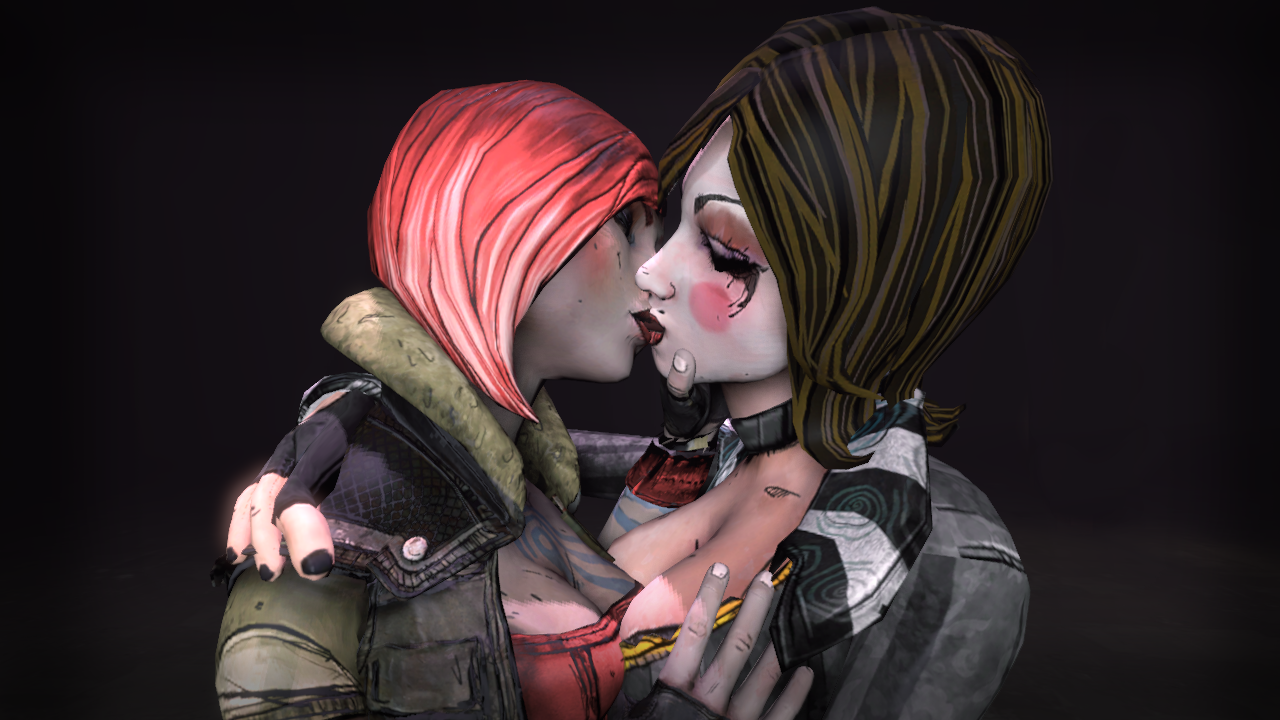 2girls, 3d, bob cut, body markings, borderlands, breasts, brown hair, choker, cleavage, closed eyes, devanthia, facepaint, female, female only, fingerless gloves, kissing, lilith (borderlands), mad moxxi, multiple females, multiple girls, nail polish, red hair, redhead, siren (borderlands), siren markings, source filmmaker, tattoo, yuri