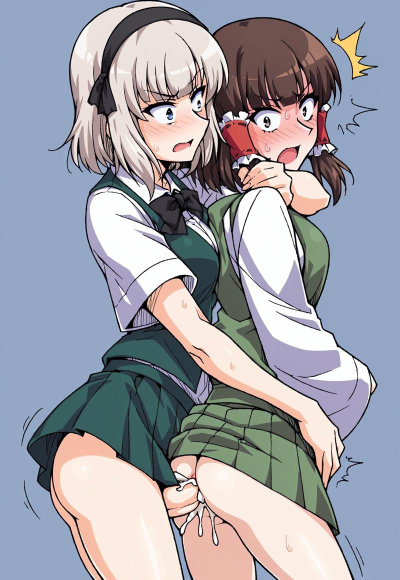 ai_generated anal_sex forced_anal konpaku_youmu raised_skirt reimu_hakurei simple_background standing_sex touhou youmu_konpaku