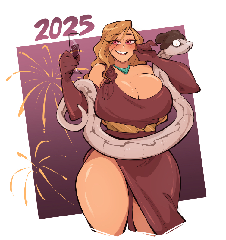 1girls 2d blonde_hair blush breasts_bigger_than_head chinese_clothes cleavage digital_drawing_(artwork) digital_media_(artwork) dress fully_clothed large_breasts large_thighs long_hair looking_at_viewer new_year purple_eyes saucymojo simple_background snake tatiana_arkwright_(saucymojo) thick_thighs