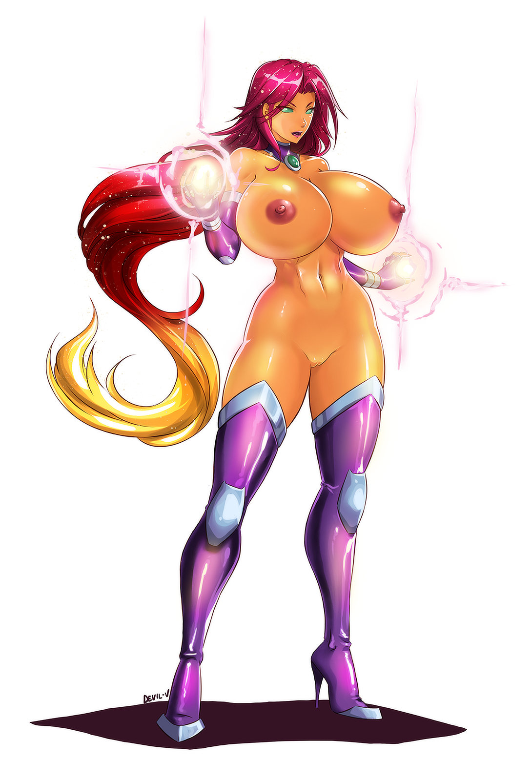 1girls, alien, boots, breasts, breasts bigger than head, dc, dc comics, detached collar, devil-v, elbow gloves, energy, female, female only, gloves, glowing, gradient, gradient hair, green sclera, high heel boots, high heels, huge breasts, koriand'r, long hair, long legs, looking at viewer, multicolored hair, naked footwear, naked gloves, navel, nipples, nude, nude female, orange skin, perky breasts, purple legwear, pussy, shiny, shiny hair, shiny skin, signature, simple background, solo, standing, starfire, starfire (comics), teen titans, text, thigh boots, thighhighs, white background