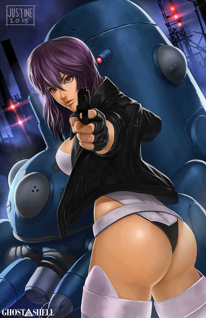 2015 aiming aiming_at_viewer ass black_jacket breasts copyright_name cropped_legs female ghost_in_the_shell gun holding holding_gun holding_weapon jacket justinetutubi kusanagi_motoko leotard medium_hair non-humanoid_robot pointing pointing_at_viewer purple_hair robot sideboob solo strapless strapless_leotard tachikoma weapon white_leotard