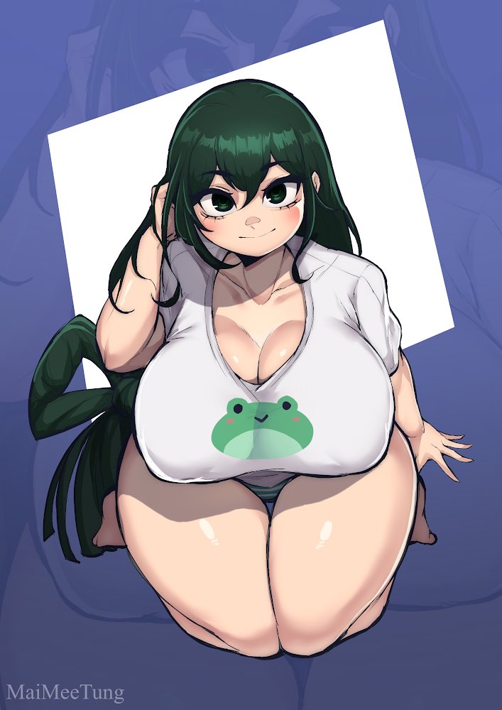 1girls breasts female female_only green_eyes green_hair large_breasts looking_at_viewer maimeetung my_hero_academia solo thick_thighs thighs tsuyu_asui