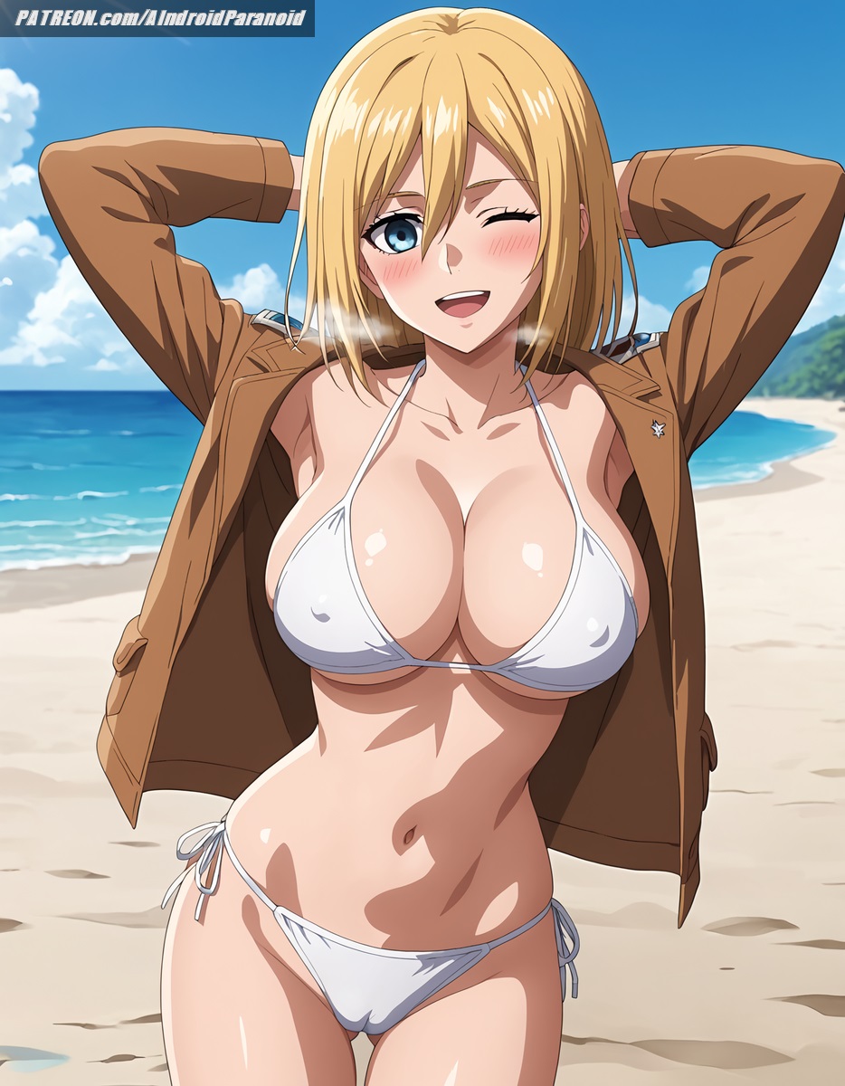 ai_generated aindroidparanoid attack_on_titan beach big_breasts bikini blonde_hair blue_eyes blush busty cameltoe christa_lenz cleavage covered_nipples cute female female_only historia_reiss huge_breasts jacket large_breasts narrow_waist nipples outdoors sand shingeki_no_kyojin short_hair stable_diffusion straight_hair swimsuit tight_clothing