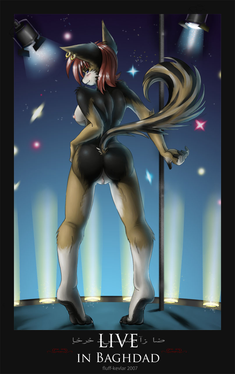 anthro ass ayn_(fluff-kevlar) blue_eyes breasts canine ear_piercing female floodlight fluff-kevlar hair jackal nude piercing pussy red_hair solo