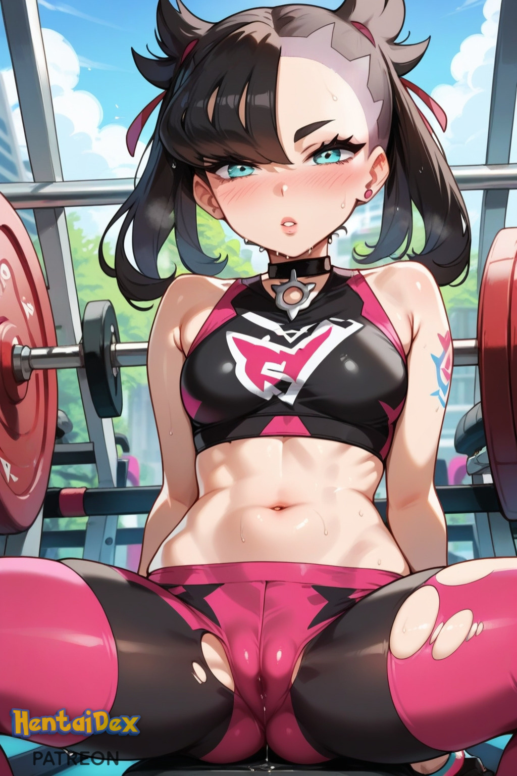 ai_generated asymmetrical_bangs bangs bare_shoulders black_choker black_hair blush breasts cameltoe choker crop_top day earrings female gym hair_ribbon hentaidex hentaidexfuta jewelry looking_at_viewer marnie_(pokemon) midriff navel parted_lips pokemon pokemon_ss pokemon_sv pokemon_sword_&_shield pokemon_swsh red_ribbon ribbon small_breasts solo sports sports_bra sportswear spread spread_legs spreading spreading_legs stomach torn_clothes torn_legwear twintails