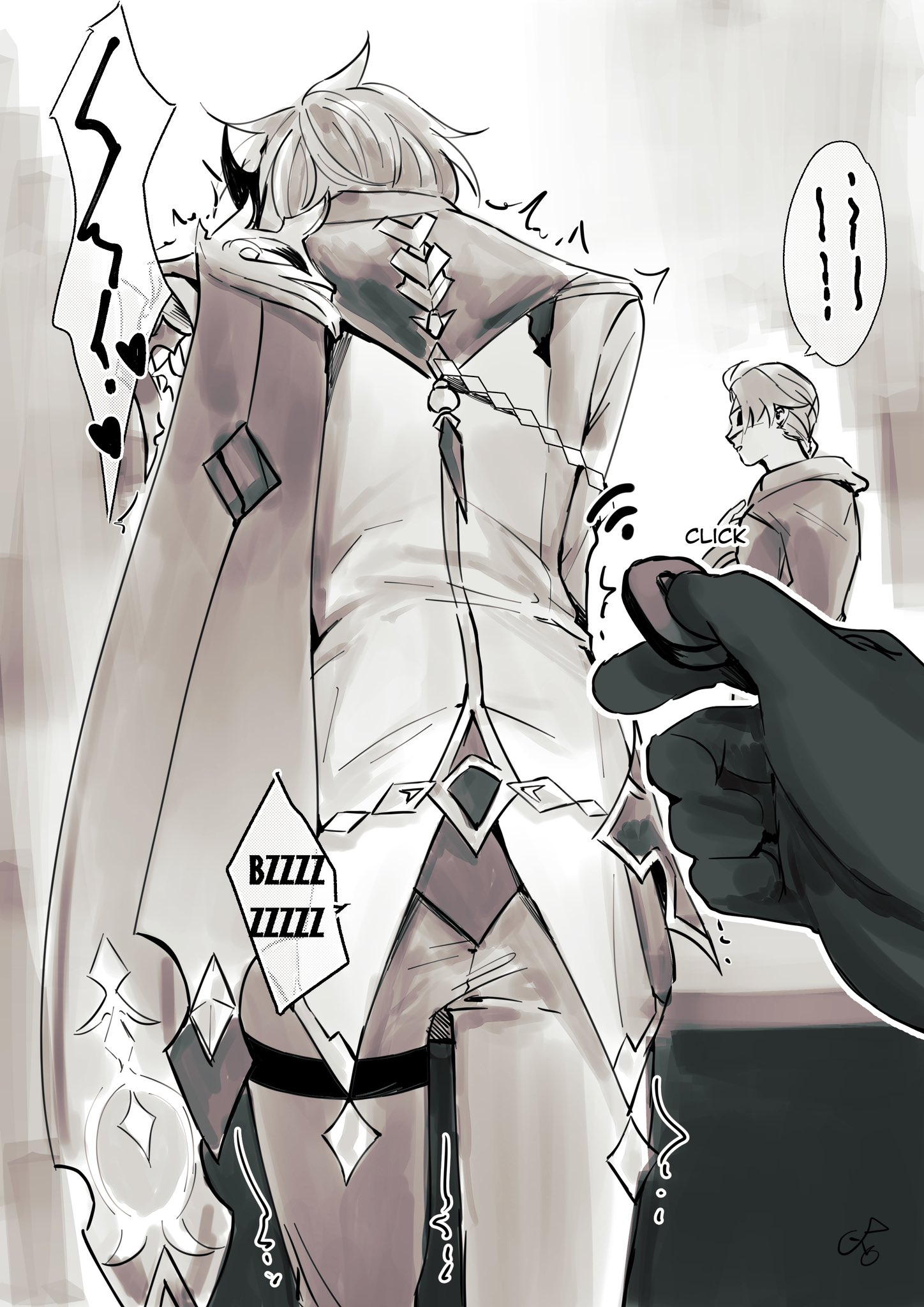childe (genshin impact), clothed, gay, genshin impact, male, male only, tartaglia (genshin impact), trembling, vibrator, vibrator under clothes, yaoi