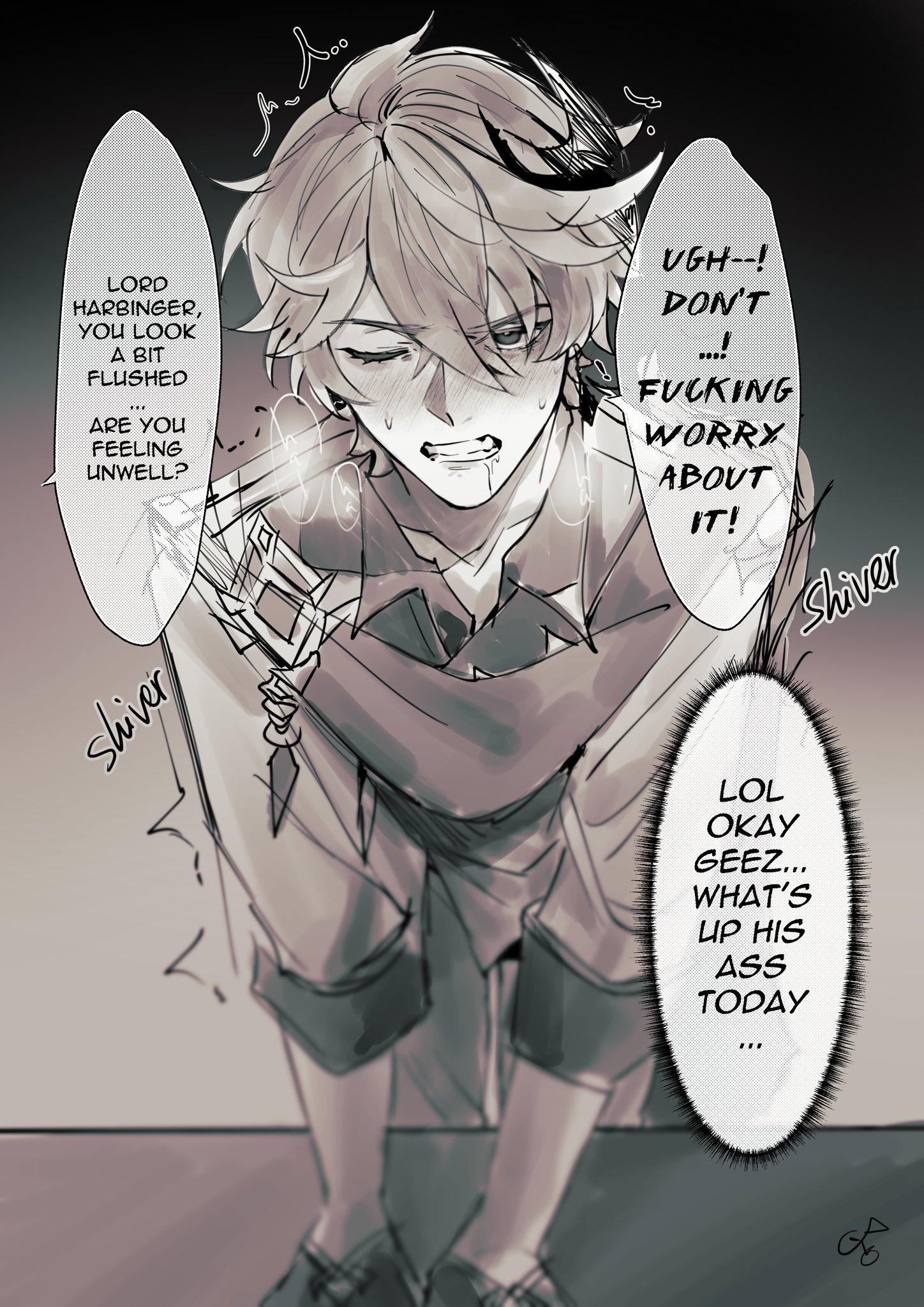 childe (genshin impact), clothed, gay, genshin impact, male, male only, tartaglia (genshin impact), trembling, vibrator, vibrator under clothes, yaoi