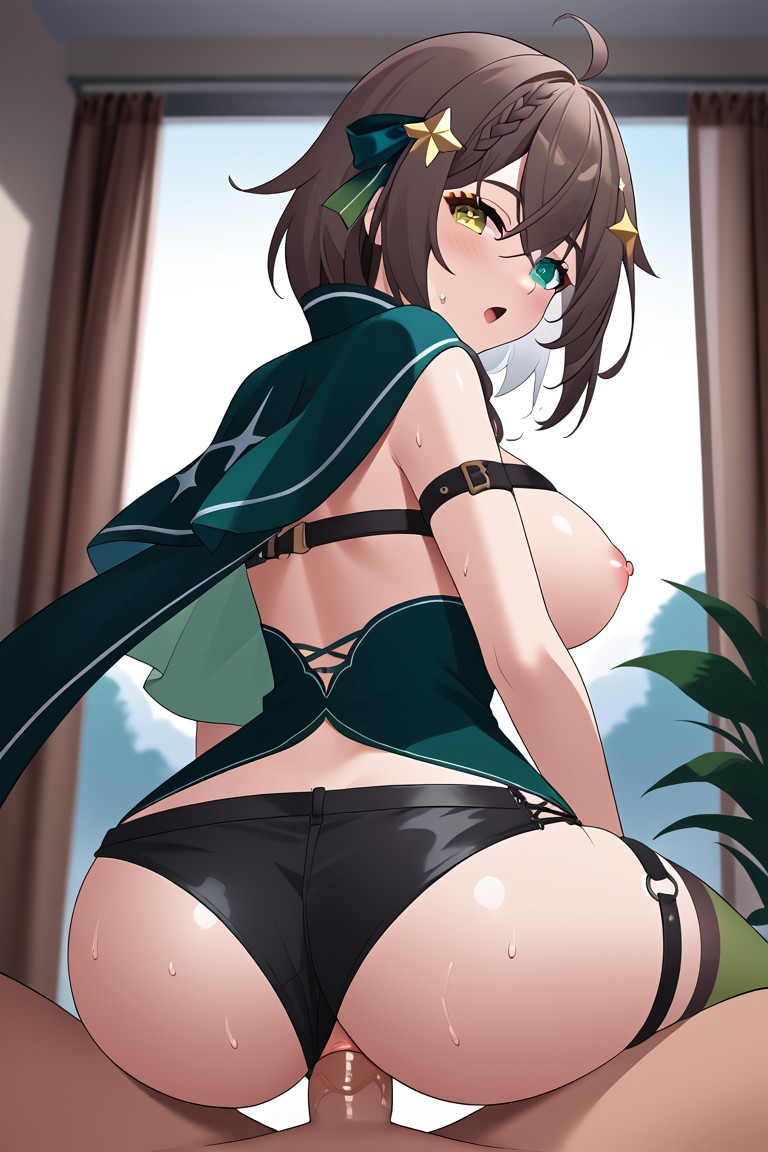 ahoge ai_generated asymmetrical_legwear big_ass big_breasts black_shorts braid brown_hair capelet chest_strap cleavage flushed green_dress green_eyes hair_ribbon heterochromia large_breasts looking_at_viewer male_pov meica nipples penetration reverse_cowgirl_position short_hair star_hair_ornament sweating thigh_strap virtual_youtuber vtuber white_skin wide_thighs yellow_eyes