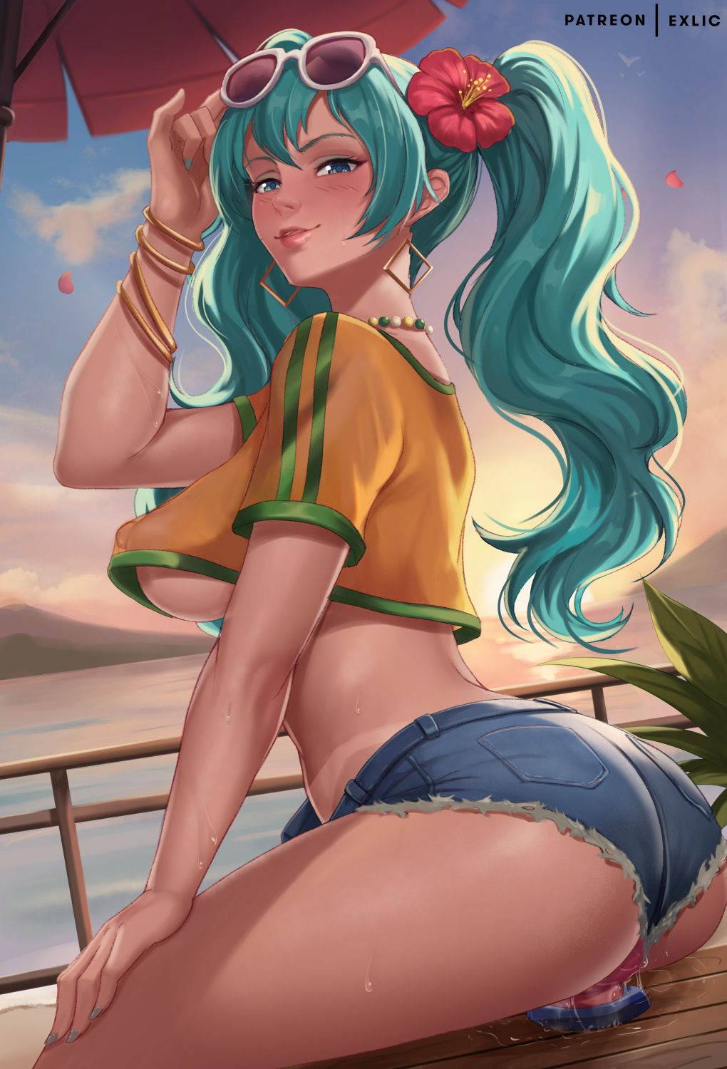 aqua_hair ass beach bead_choker bikini_tan blue_eyes blush bracelet brazil brazilian brazilian_female brazilian_miku breasts cloud covered_nipples cropped_shirt denim denim_shorts dildo dildo_reveal dildo_riding dildo_sitting earrings english_commentary exlic eyewear_on_head female flower gold_earrings gradient_sky gyaru hair_flower hair_ornament hatsune_miku highres jewelry large_breasts latina licking_lips long_hair looking_at_viewer masturbating masturbation midriff multiple_bracelets naughty_face no_bra no_panties object_insertion ocean open_mouth outdoors patreon_username petals plant pussy_juice pussy_juice_puddle rectangular_earrings sex_toy shirt short_shorts shorts sitting sky sun sunglasses sunset tan tanline_peek tanlines tongue tongue_out twintails underboob vocaloid white-framed_eyewear yellow_shirt