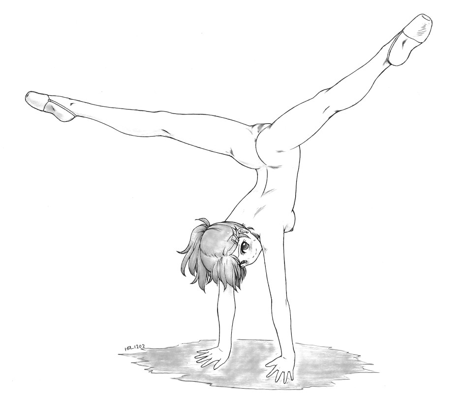 1girls anus ass ballet_slippers blush censored flexible footwear grafite_(medium) handstand harumachi_nagaaki monochrome nude original pussy short_hair sketch smile solo splits spread_legs traditional_media upside-down upside-down_splits