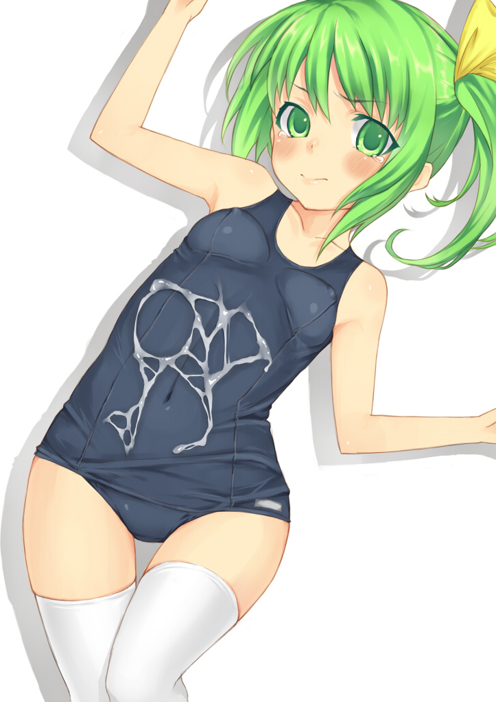 bare_shoulders black_legwear blush cum cum_on_clothes daiyousei erect_nipples green_eyes green_hair kabocha_head lying no_wings on_back school_swimsuit side_ponytail simple_background solo swimsuit tear thigh_gap thighhighs thighs touhou white_background